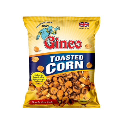 Box of Ginco Salted Toasted Corn, 10 individual 100g packs — open retail carton showing glossy packets and golden, crunchy toasted corn snacks lightly sprinkled with salt
