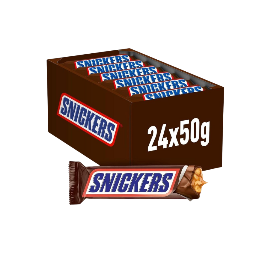 Snickers Bar 50g in packaging with caramel and peanut cross-section