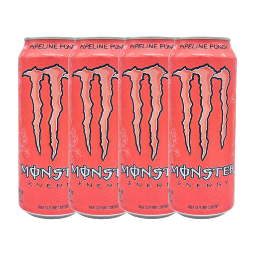 Close-up of Monster Pipeline Punch Energy Drink can with vibrant tropical design.