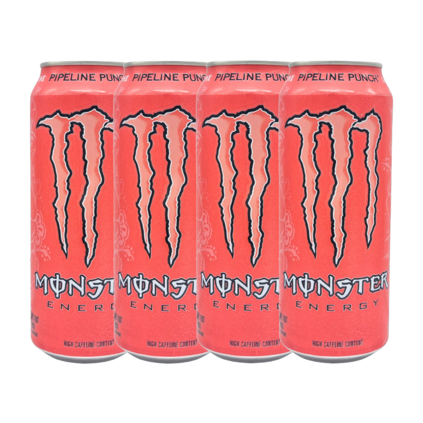 Close-up of Monster Pipeline Punch Energy Drink can with vibrant tropical design.