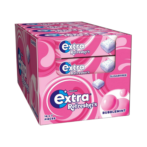 Wrigley’s Extra Refreshers Bubblemint Gum pack with fresh minty visuals.