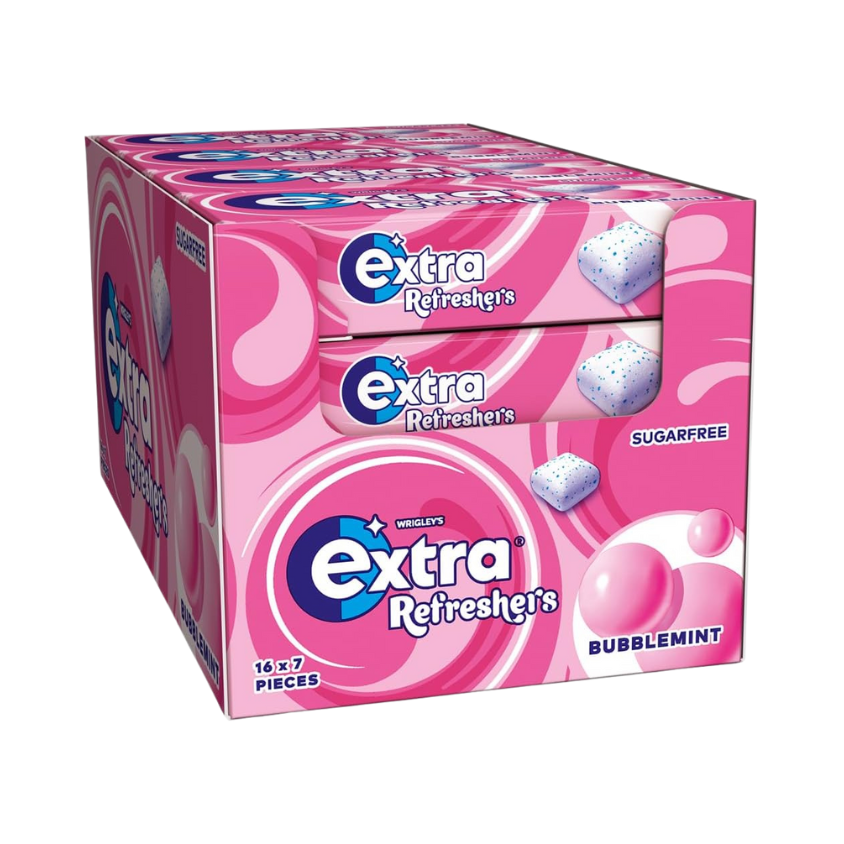 Wrigley’s Extra Refreshers Bubblemint Gum pack with fresh minty visuals.