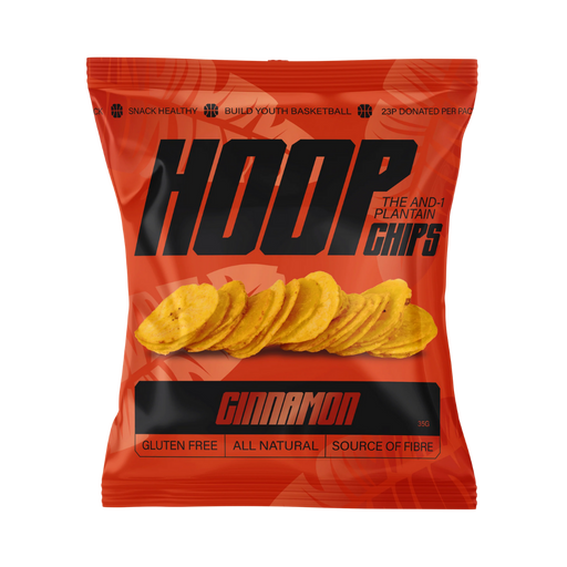 Pack of HOOP CHIPS Cinnamon Ripe Plantain Chips 35g x 8, stacked packets with a close-up of a single crispy, cinnamon-coated ripe plantain chip