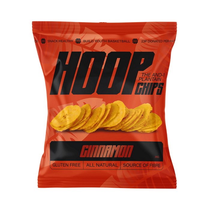 Pack of HOOP CHIPS Cinnamon Ripe Plantain Chips 35g x 8, stacked packets with a close-up of a single crispy, cinnamon-coated ripe plantain chip